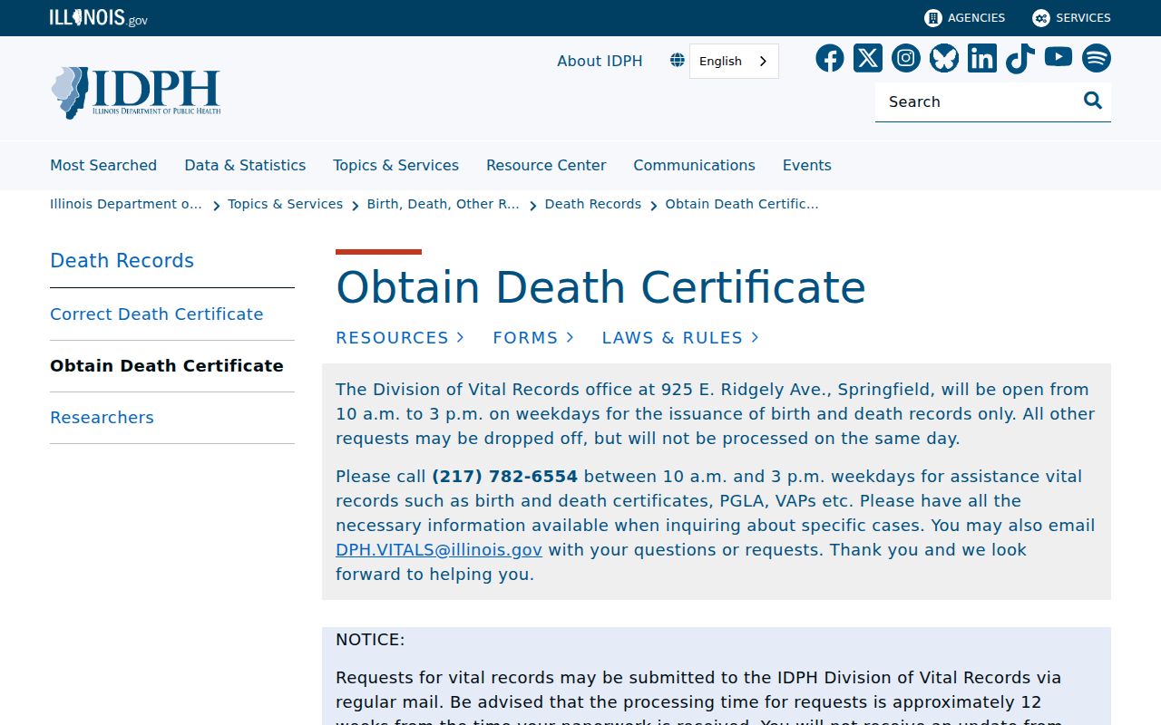Illinois Department of Public Health death record ordering page for historical resident research